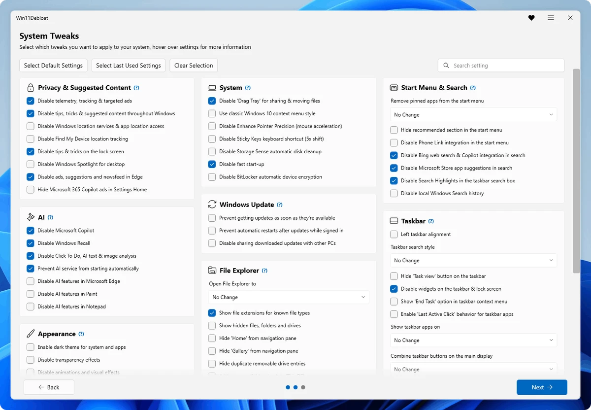 Win11Debloat screenshot