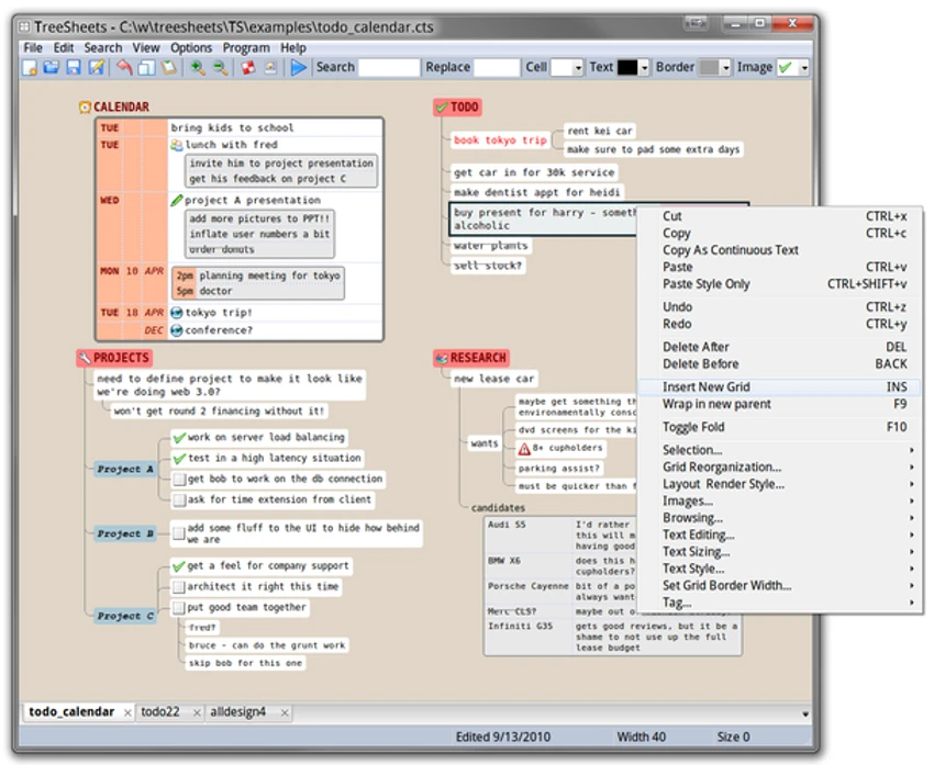TreeSheets screenshot
