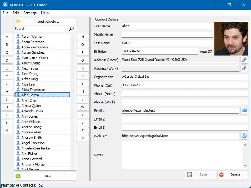 VovSoft VCF Editor screenshot