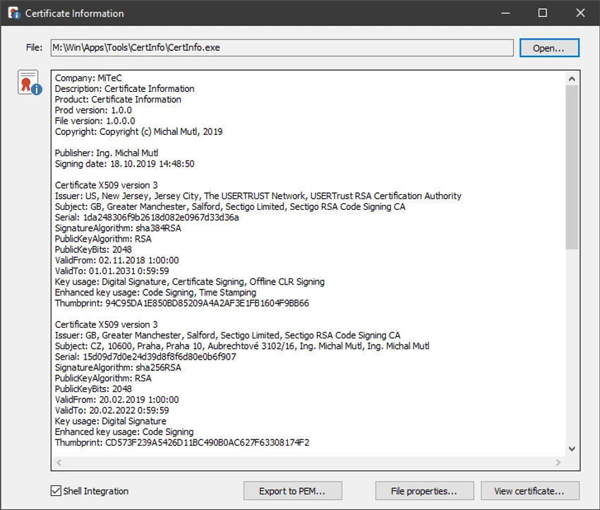 MiTeC Certificate Information screenshot